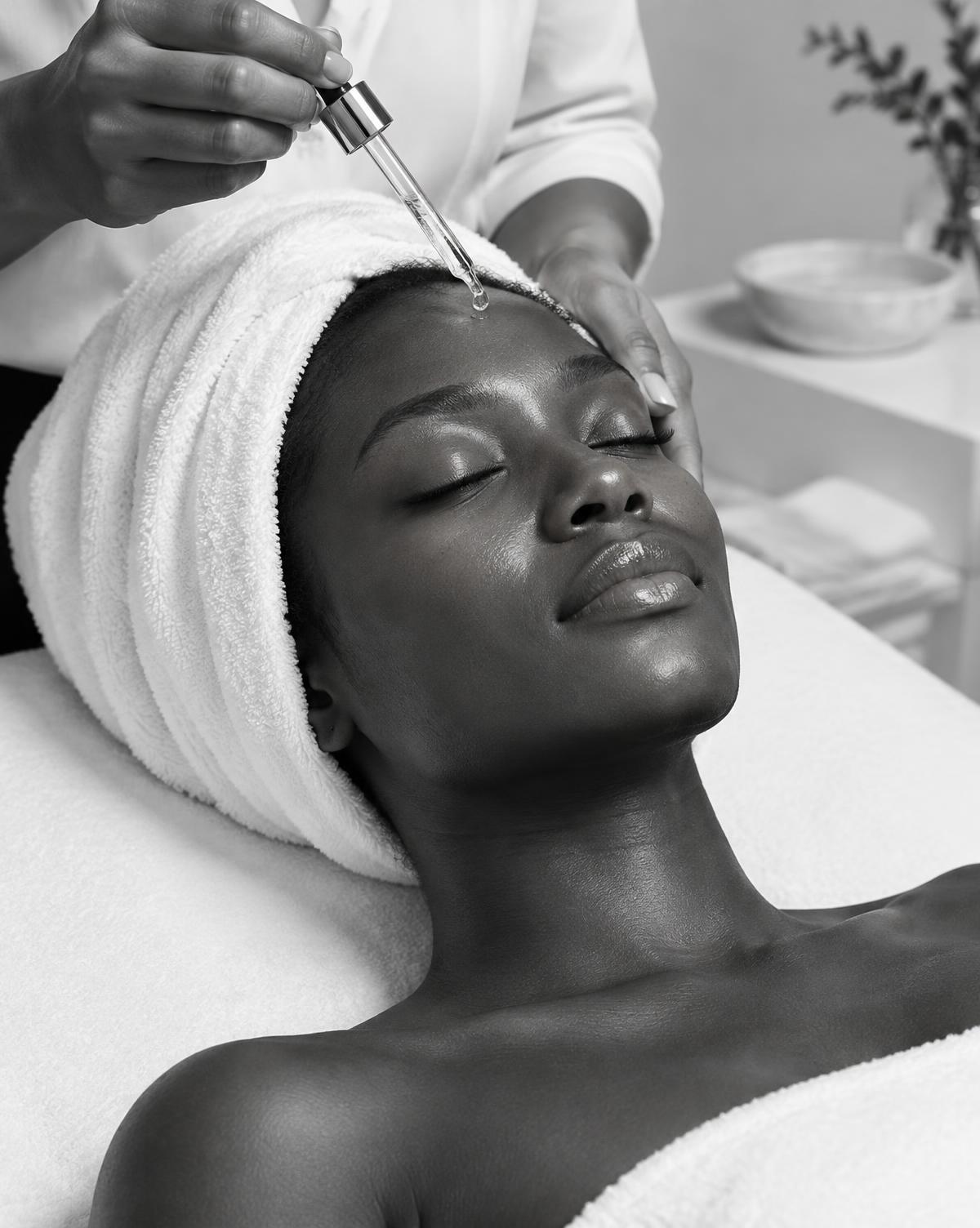 Black and white photograph of a facial treatment in progress