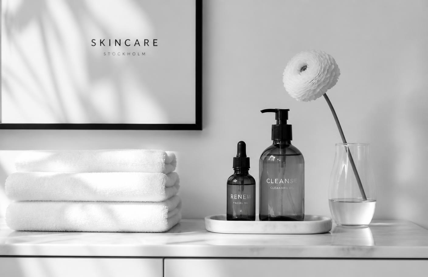 Black and white still life of towels and skincare bottles in the studio
